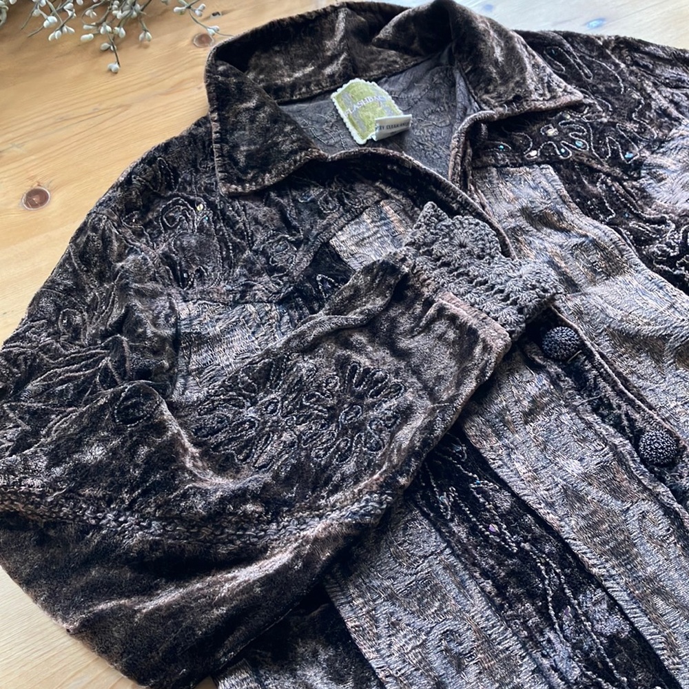 Flashback Shacket XL Brown Crushed Velvet, Sequins, Embroidery, Crotchet Trim